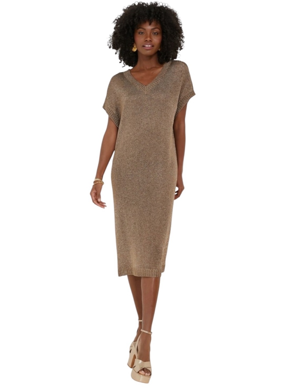 Tuckernuck Bronze Metallic Knit Indie Midi Dress Resort Chic Coastal Size Medium